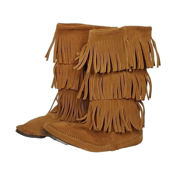 Minnetonka 3 Layer Fringe Moccasin Boots 9 Brown Suede Mid Calf Boho Hippie - Picture 2 of 13
